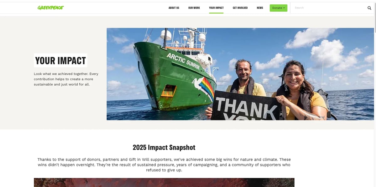 Greenpeace activists holding THANK YOU sign on a green ship at sea