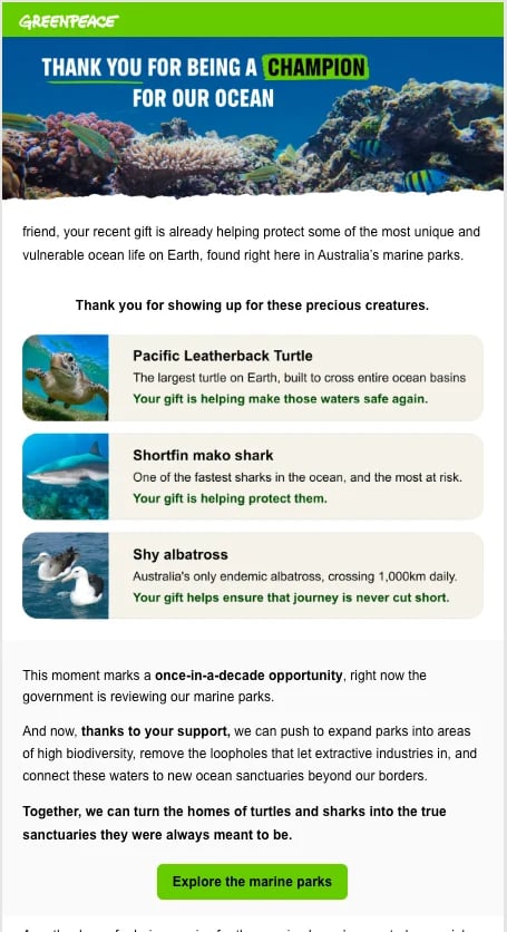Greenpeace thank you email for ocean donation, featuring coral reef and three endangered species: Pacific Leatherback Turtle, Shortfin mako shark, and Shy albatross