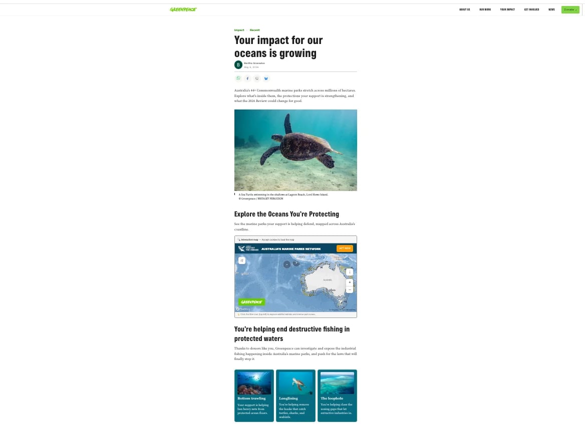 Website page about ocean conservation featuring a sea turtle image and sections on marine protection and sustainable fishing practices