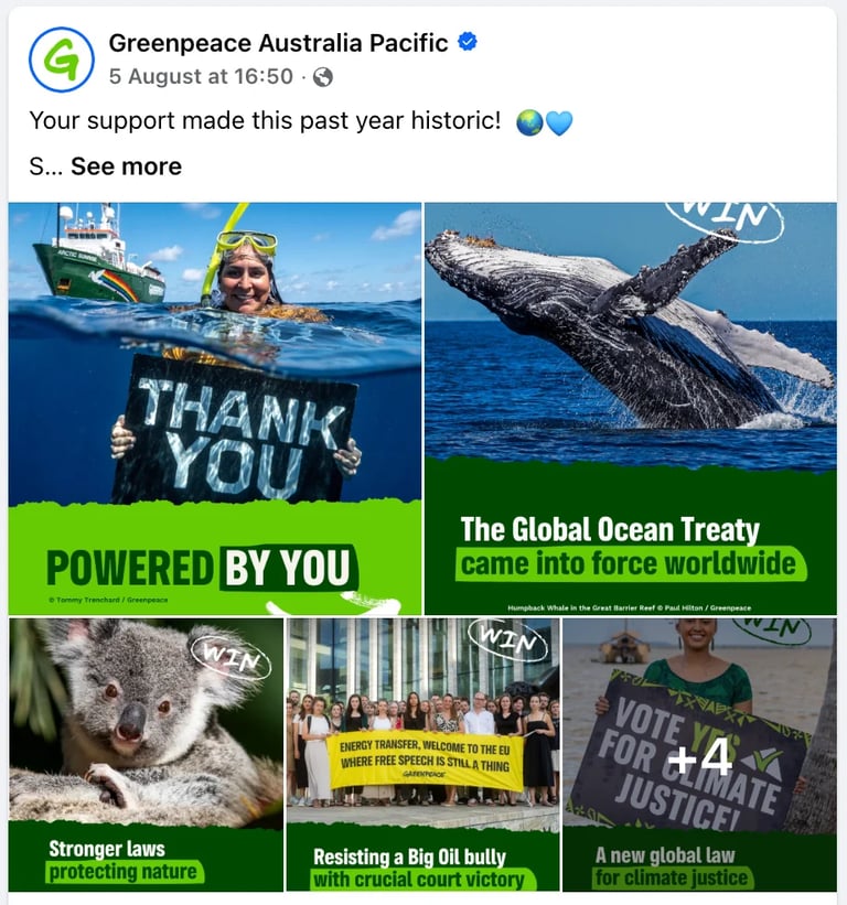 Greenpeace Australia Pacific social media post showing four ocean and wildlife conservation victories from 2023