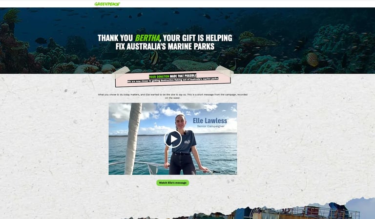 Greenpeace donation page thanking Bertha for marine park support, featuring video of man on boat with reef background
