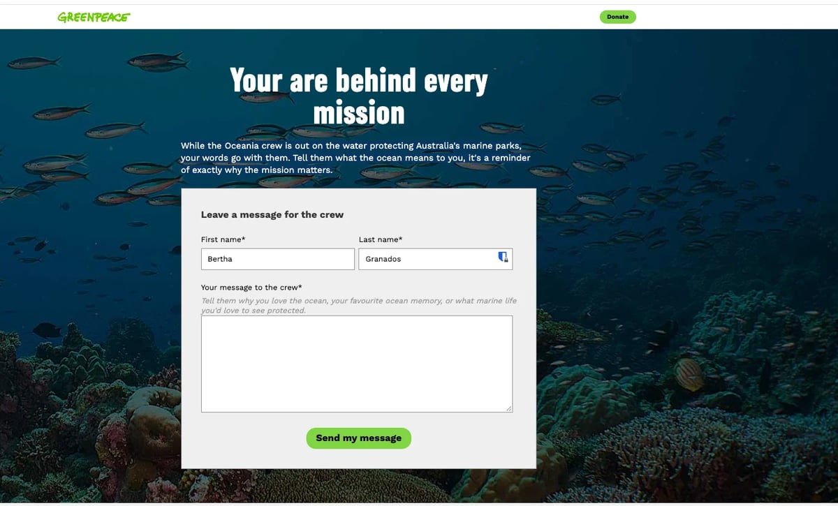 Greenpeace webpage with underwater ocean background showing a message form titled You are behind every mission with input fields for name and email