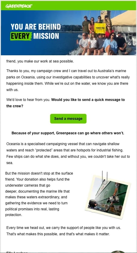 Greenpeace campaign banner showing diverse team on a ship with text You Are Behind Every Mission about ocean conservation work