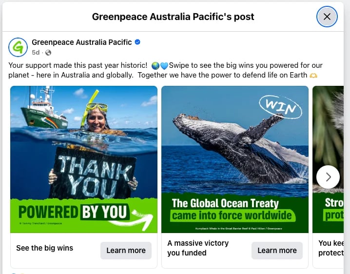 Greenpeace Australia Pacific social media post showing ocean victories with images of activists, whales, and environmental campaigns powered by supporter donations