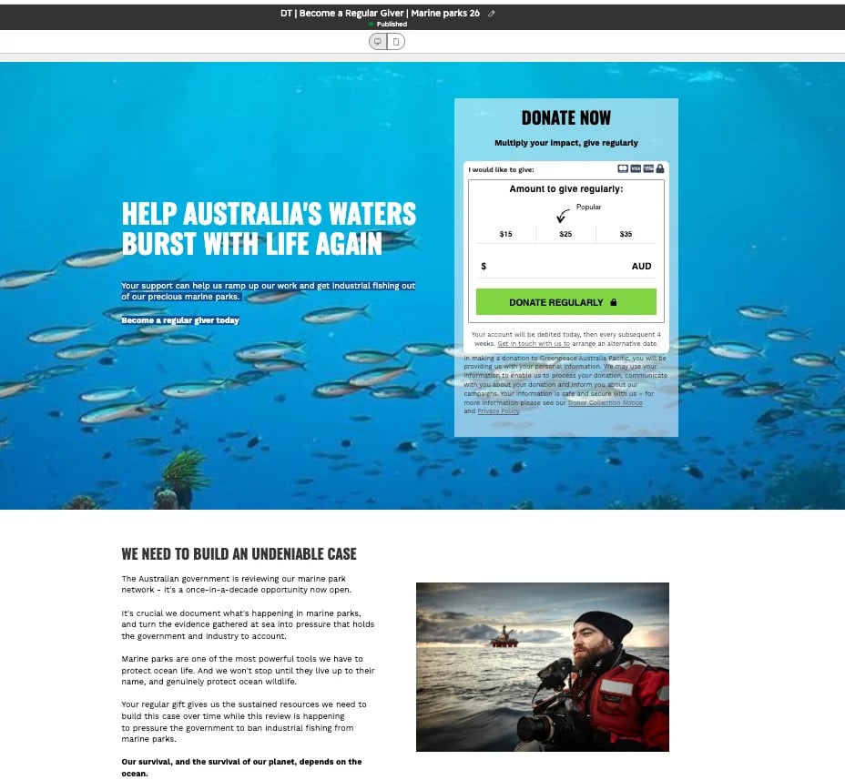 Fundraising webpage with underwater fish imagery, donation form, and call-to-action text about restoring Australias waterways
