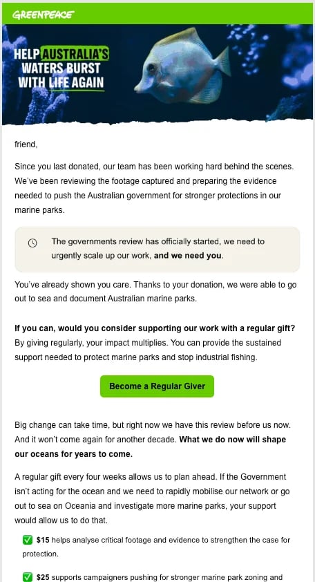 Greenpeace fundraising email with banner image of fish in blue water, asking supporters to donate for Australian marine park protection